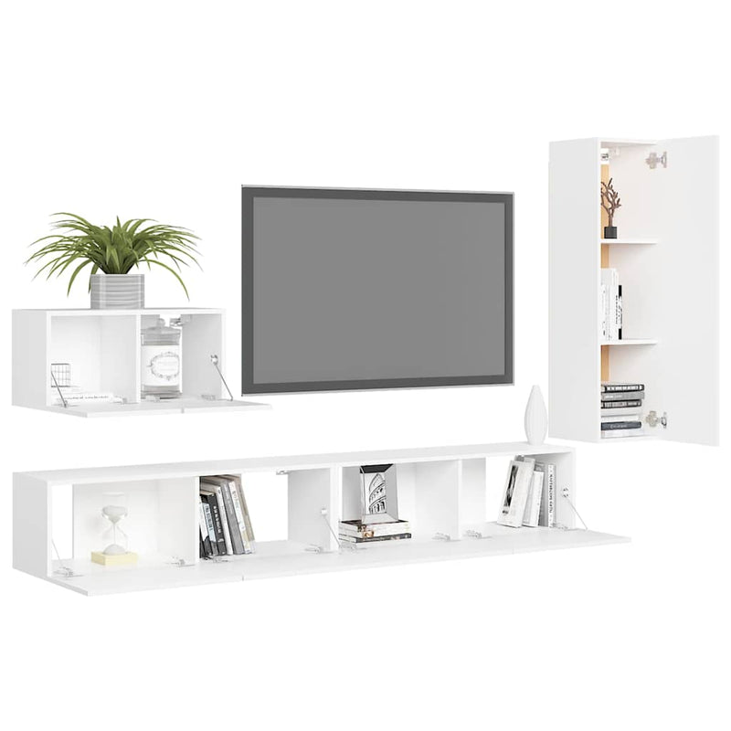 Set dulapuri TV, 4 piese, alb, lemn prelucrat