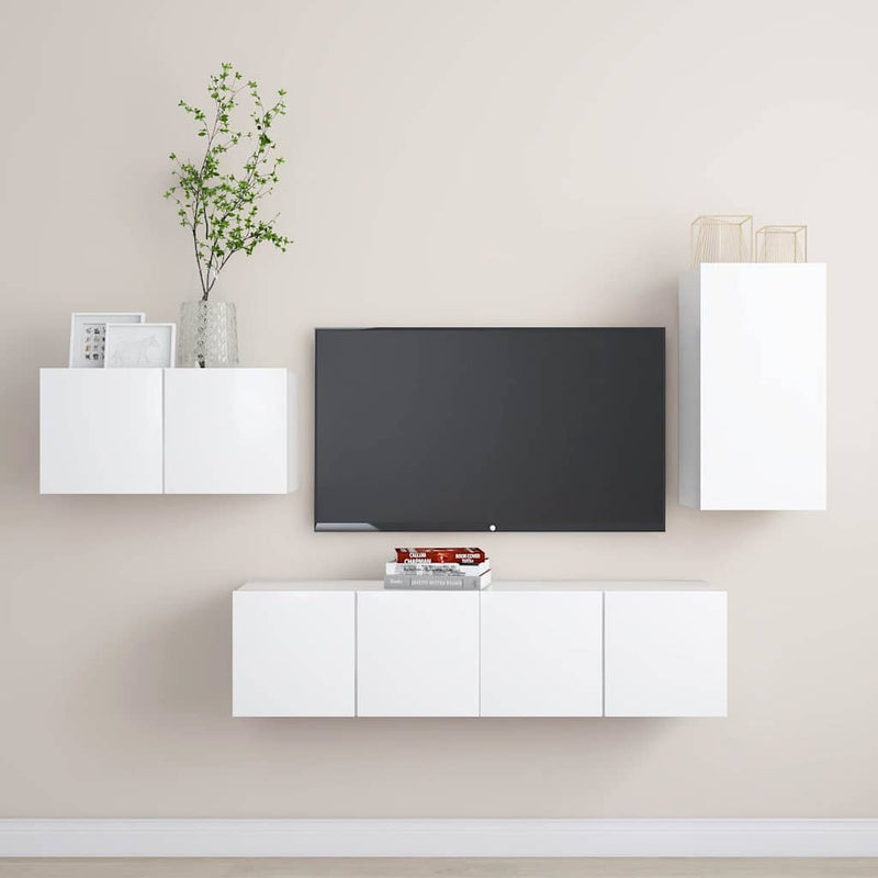 Set dulapuri TV, 4 piese, alb, lemn prelucrat