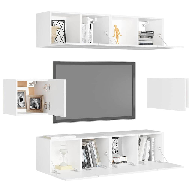 Set dulapuri TV, 6 piese, alb, lemn prelucrat