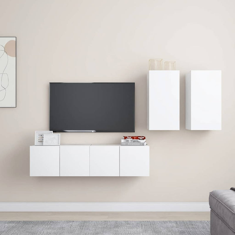 Set dulapuri TV, 4 piese, alb, lemn prelucrat