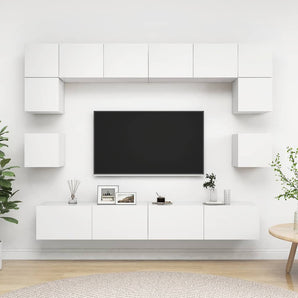 Set dulapuri TV, 8 piese, alb, lemn prelucrat