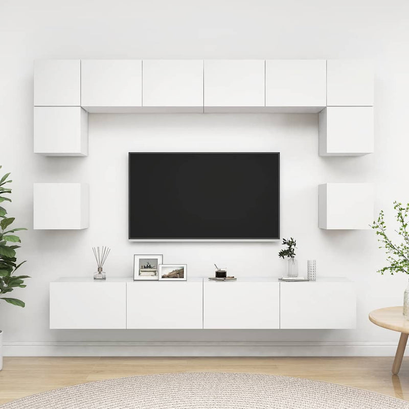 Set dulapuri TV, 8 piese, alb, lemn prelucrat