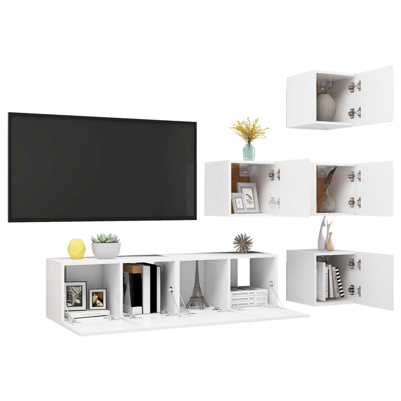 Set dulapuri TV, 6 piese, alb, lemn prelucrat