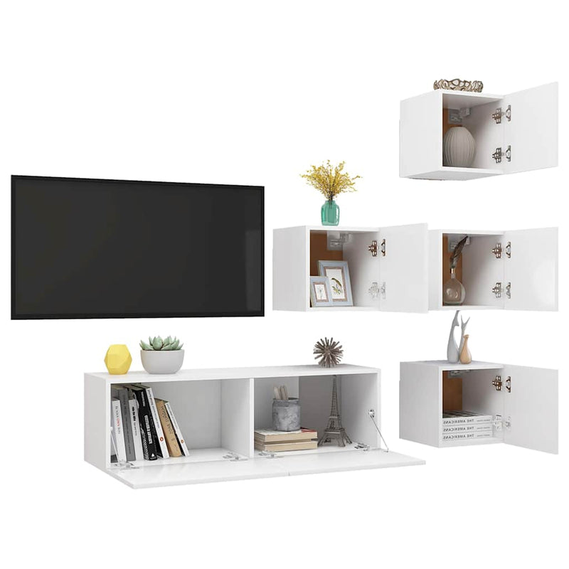 Set dulapuri TV, 5 piese, alb, lemn prelucrat