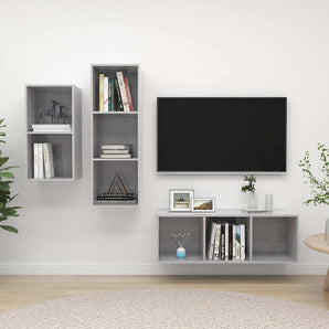 Set de dulapuri TV, 3 piese, gri beton, lemn prelucrat