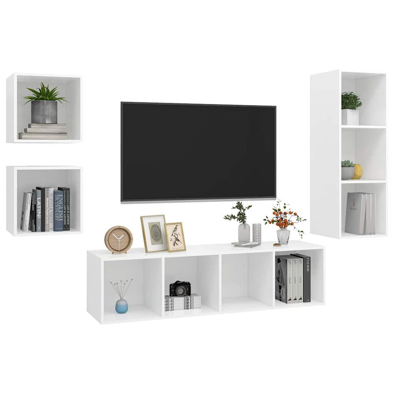 Set de dulapuri TV, 4 piese, alb, lemn prelucrat