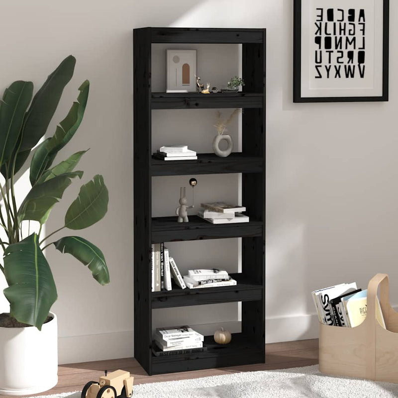 Bibliotecă/Separator cameră negru 60x30x167,5 cm lemn masiv pin