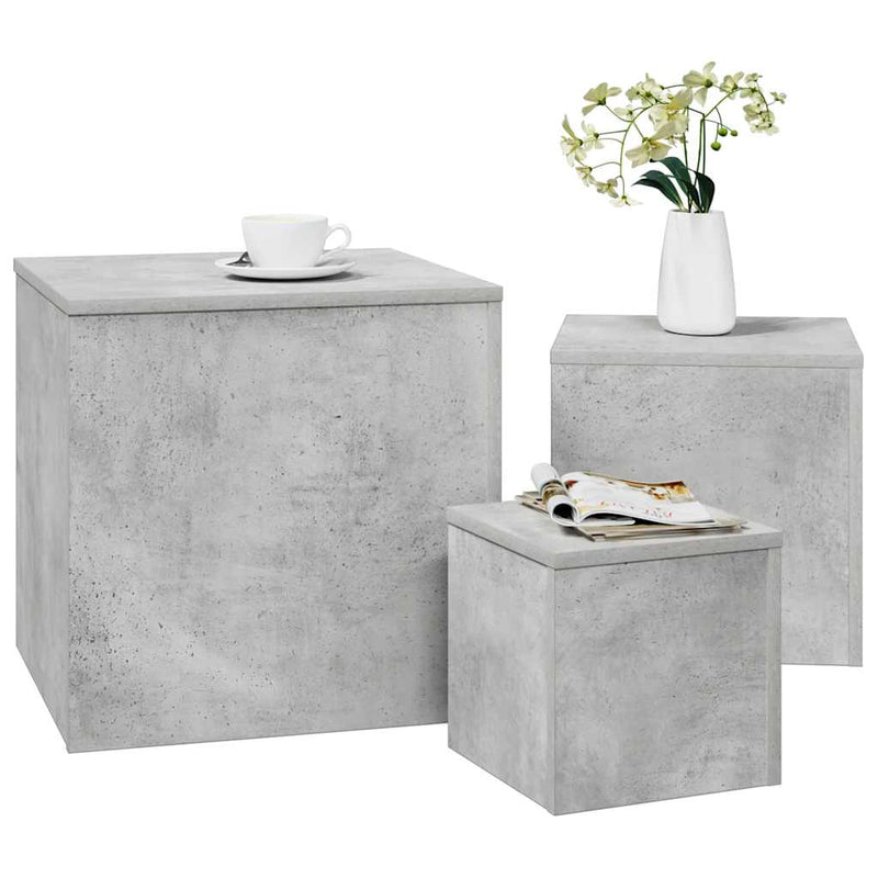 Mese laterale, 3 buc., gri beton, lemn compozit