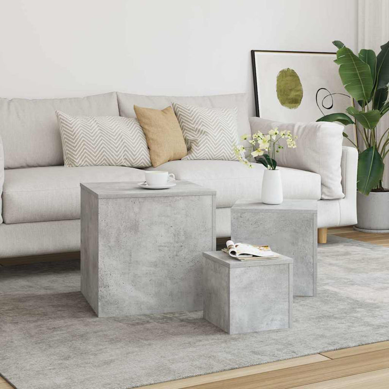 Mese laterale, 3 buc., gri beton, lemn compozit