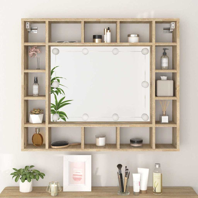 Dulap cu oglindă și LED, stejar sonoma, 91x15x76,5 cm