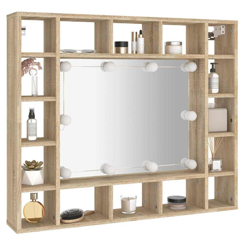 Dulap cu oglindă și LED, stejar sonoma, 91x15x76,5 cm
