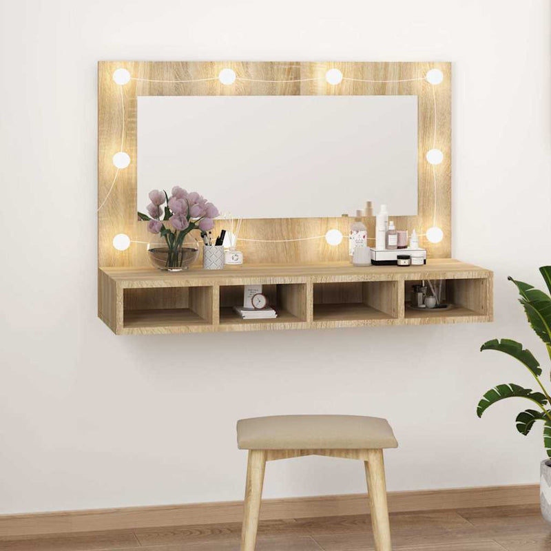 Dulap cu oglindă și LED, stejar sonoma, 90x31,5x62 cm