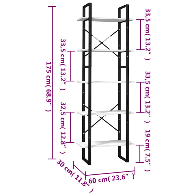 Bibliotecă cu 5 rafturi, alb, 60x30x175 cm, lemn masiv de pin