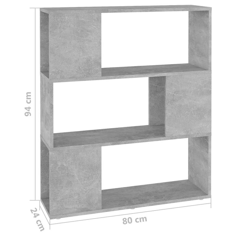 Bibliotecă/Separator cameră, gri beton, 80x24x94 cm, PAL
