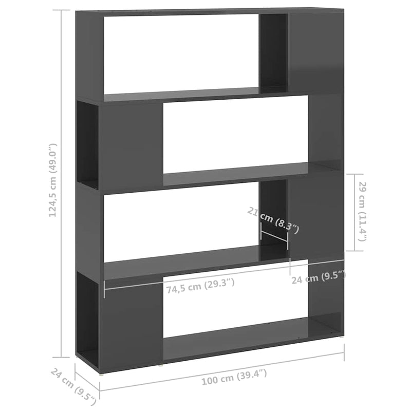 Bibliotecă/Separator cameră, gri extralucios, 100x24x124 cm