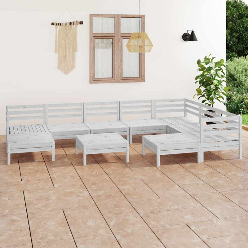 Set mobilier de grădină, 10 piese, alb, lemn masiv de pin