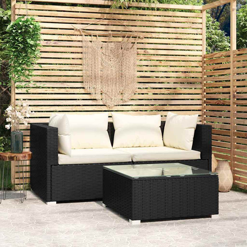 Set mobilier de grădină cu perne, 3 piese, negru, poliratan