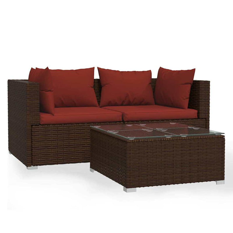 Set mobilier de grădină cu perne, 3 piese, maro, poliratan