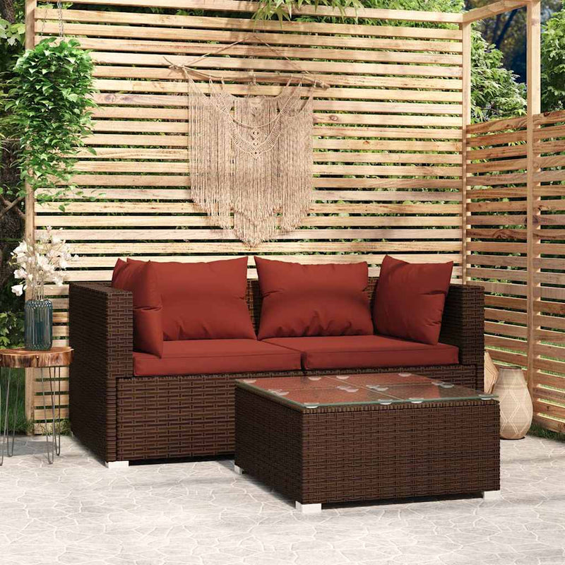 Set mobilier de grădină cu perne, 3 piese, maro, poliratan