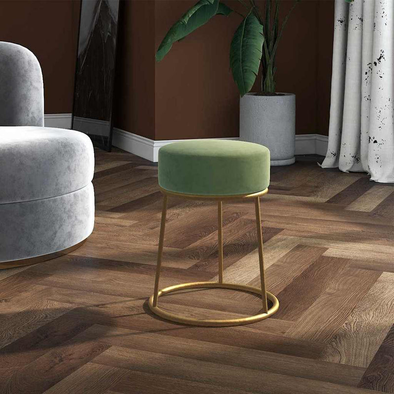 Taburet rotund, verde muştar, catifea