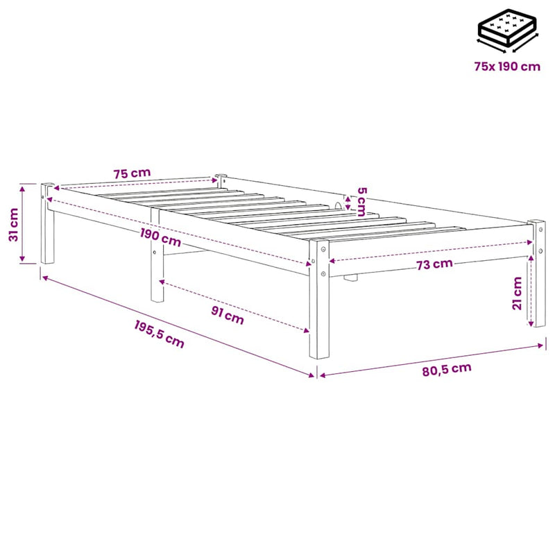 Cadru de pat mic single, alb, 75x190 cm, lemn masiv