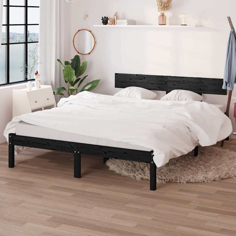 Cadru de pat dublu, negru, 135x190 cm, lemn masiv de pin