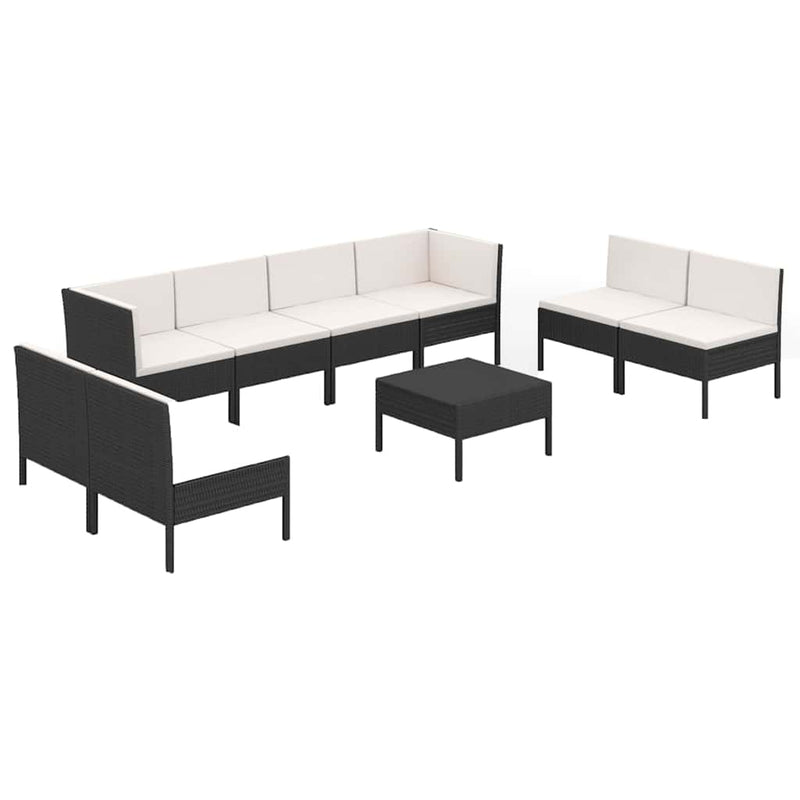 Set mobilier de grădină cu perne, 9 piese, negru, poliratan