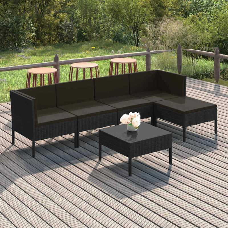 Set mobilier de grădină cu perne, 6 piese, negru, poliratan