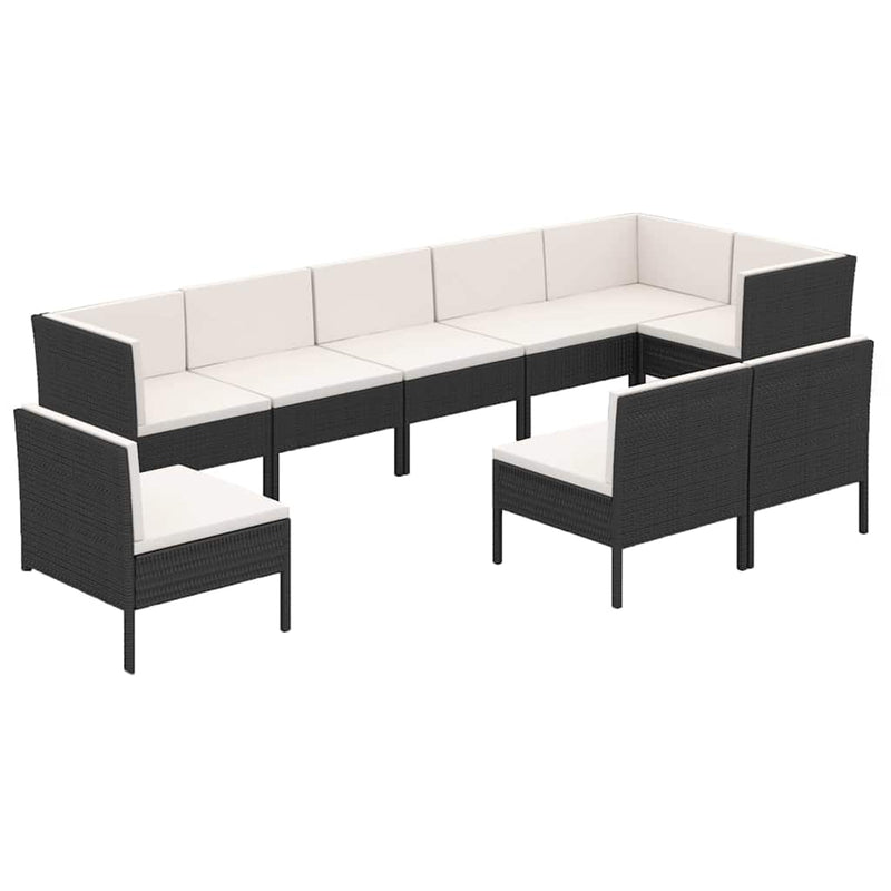 Set mobilier de grădină cu perne, 9 piese, negru, poliratan