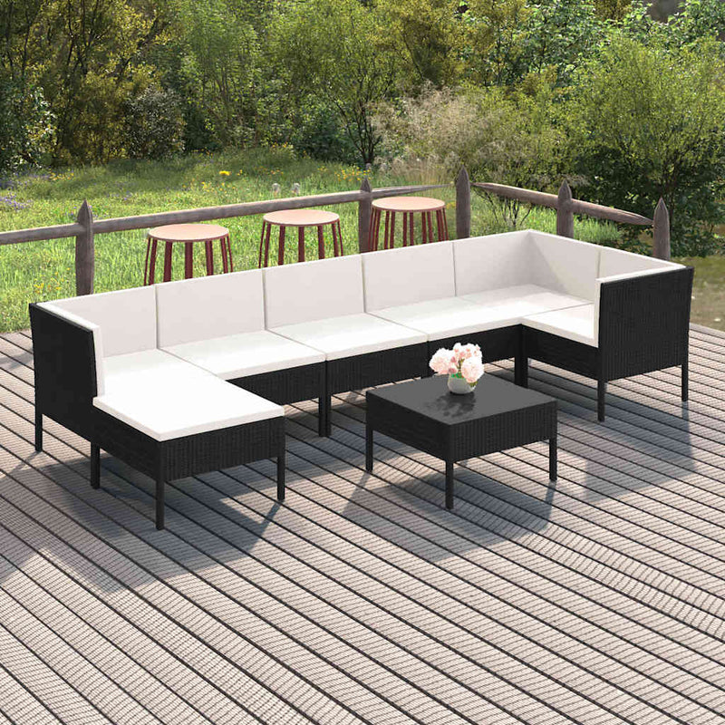 Set mobilier de grădină cu perne, 8 piese, negru, poliratan