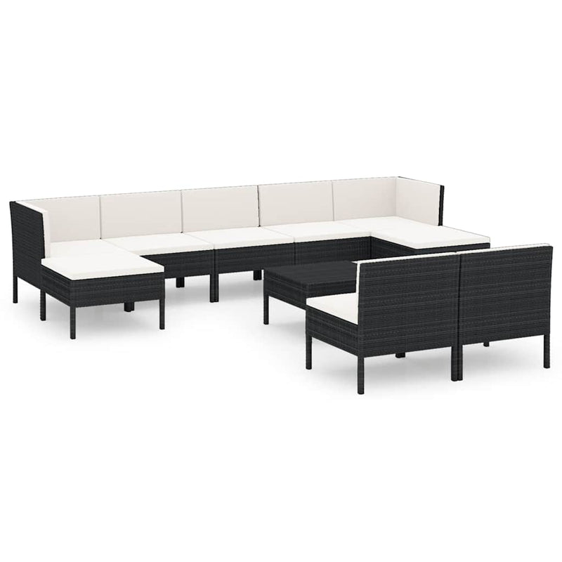Set mobilier de grădină cu perne, 10 piese, negru, poliratan