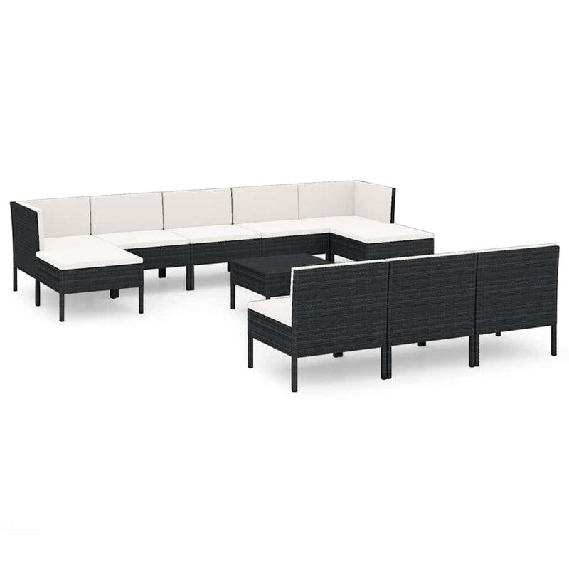 Set mobilier de grădină cu perne, 11 piese, negru, poliratan