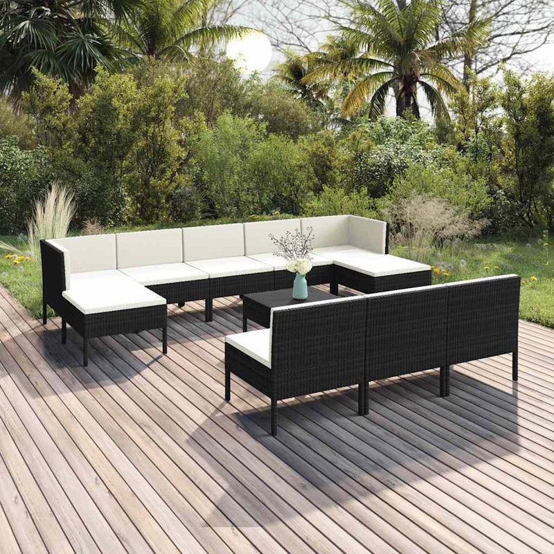 Set mobilier de grădină cu perne, 11 piese, negru, poliratan