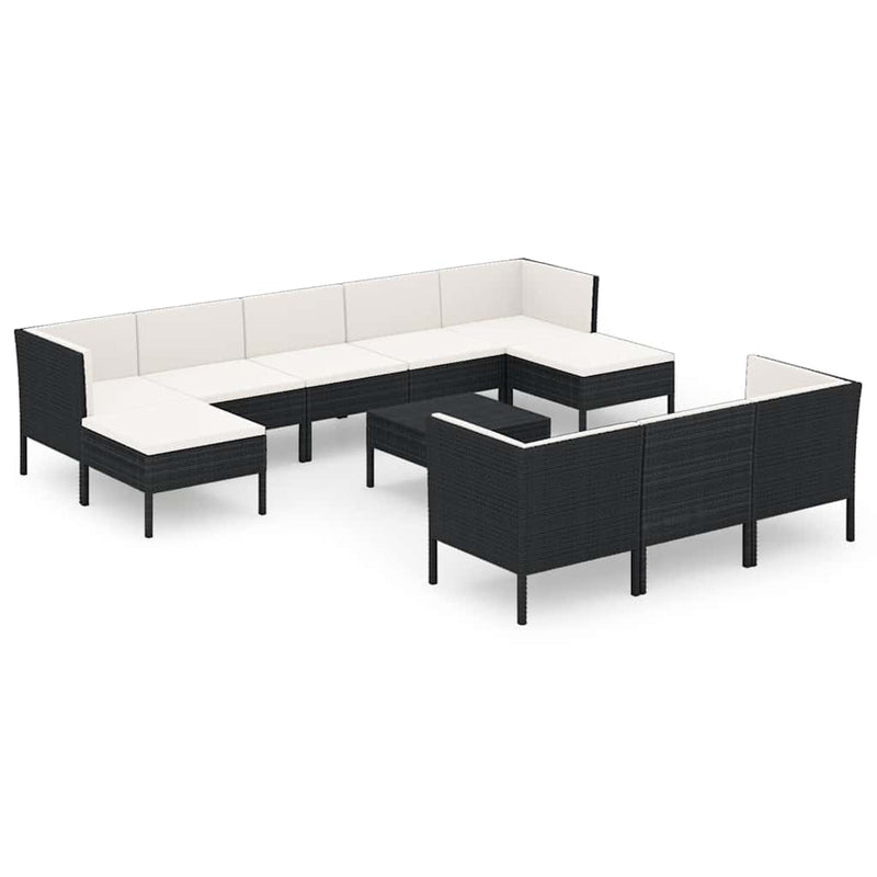 Set mobilier de grădină cu perne, 11 piese, negru, poliratan