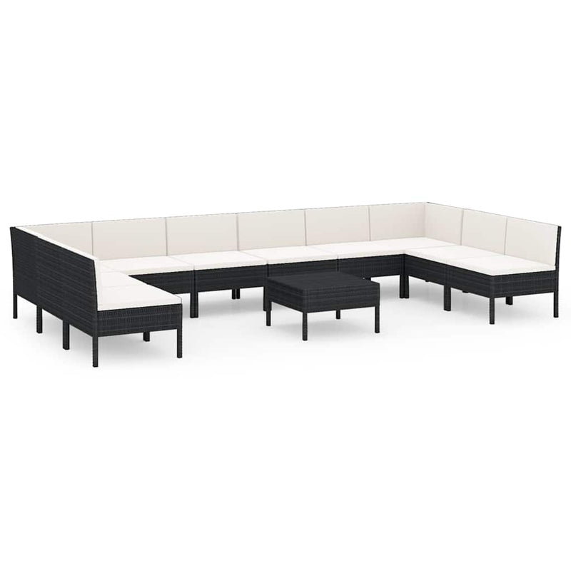 Set mobilier de grădină cu perne, 11 piese, negru, poliratan