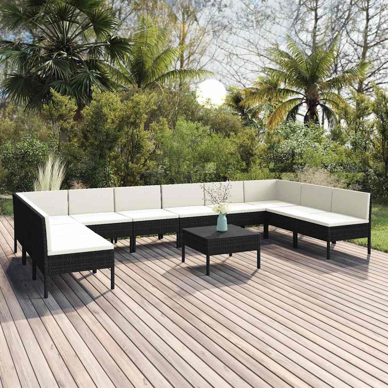 Set mobilier de grădină cu perne, 11 piese, negru, poliratan