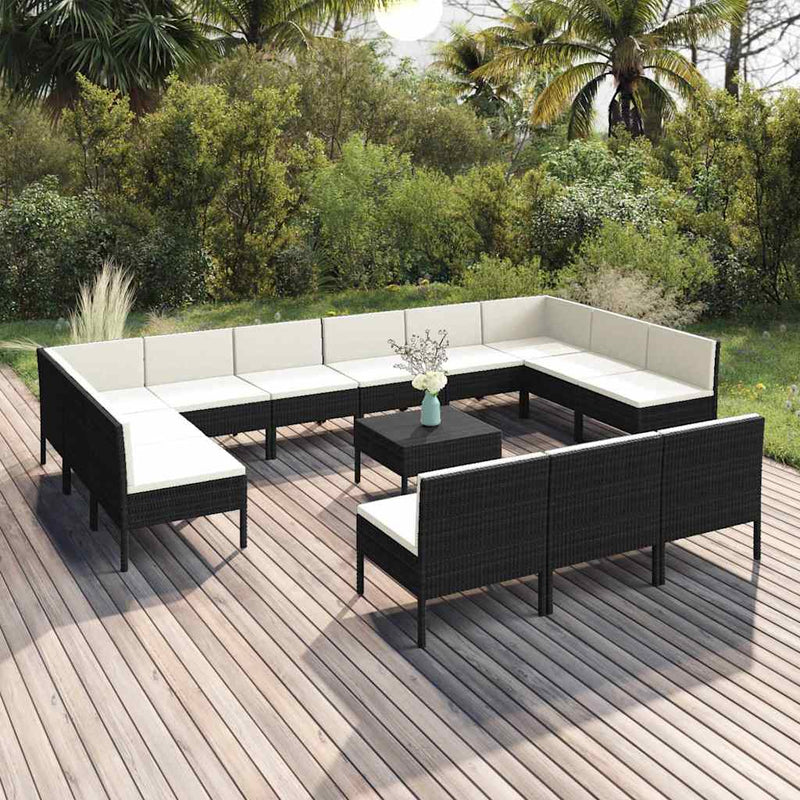 Set mobilier de grădină cu perne, 14 piese, negru, poliratan