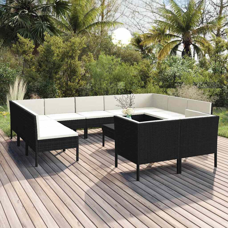 Set mobilier de grădină cu perne, 12 piese, negru, poliratan