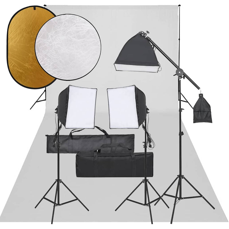 Set studio foto cu set de lumini, fundal și reflector