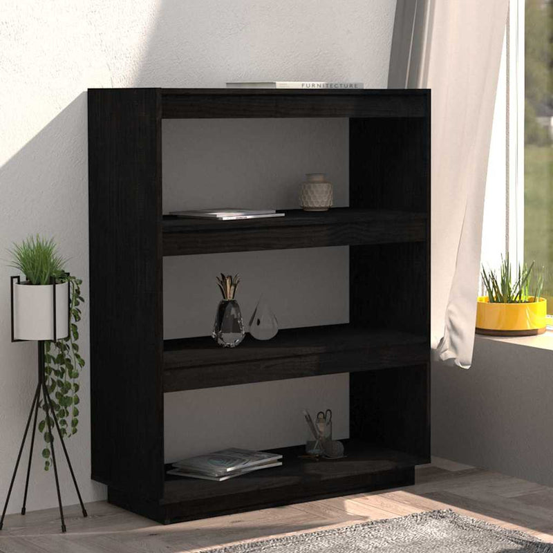 Bibliotecă/Separator cameră, negru, 80x35x103cm, lemn masiv pin