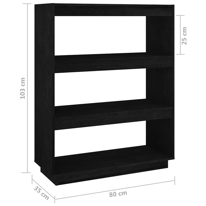 Bibliotecă/Separator cameră, negru, 80x35x103cm, lemn masiv pin