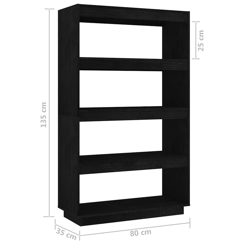 Bibliotecă/Separator cameră, negru 80x35x135 cm, lemn masiv pin