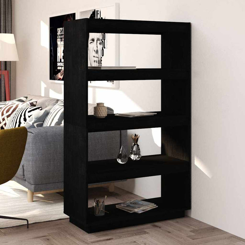 Bibliotecă/Separator cameră, negru 80x35x135 cm, lemn masiv pin