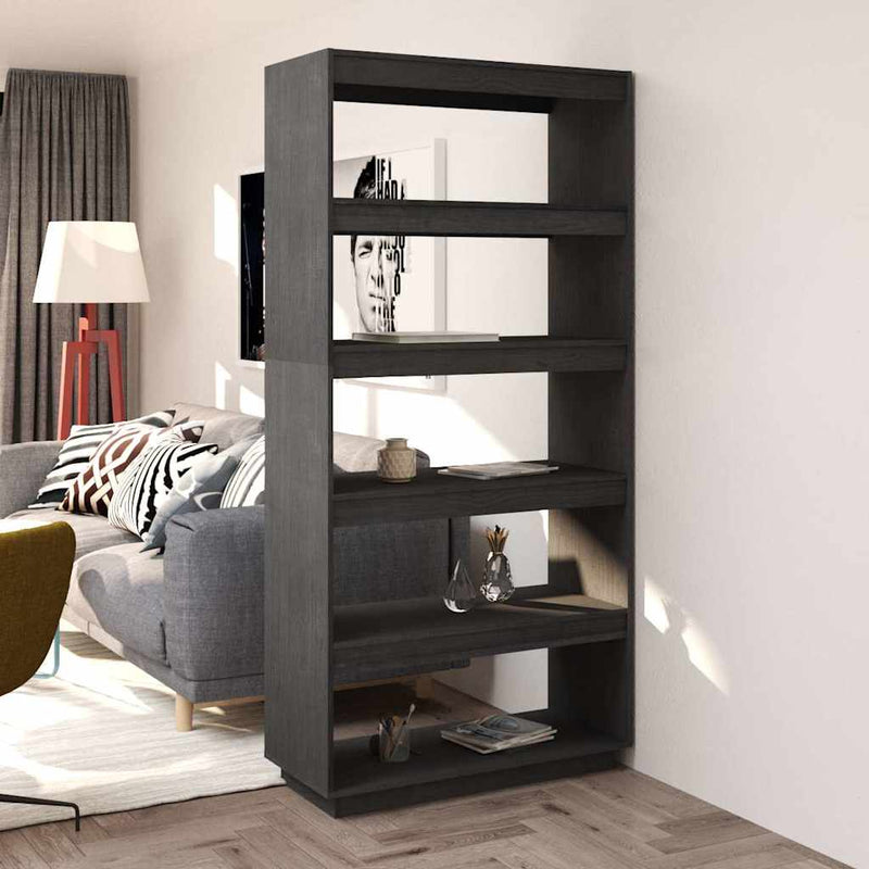 Bibliotecă/Separator cameră, gri, 80x35x167 cm, lemn masiv pin