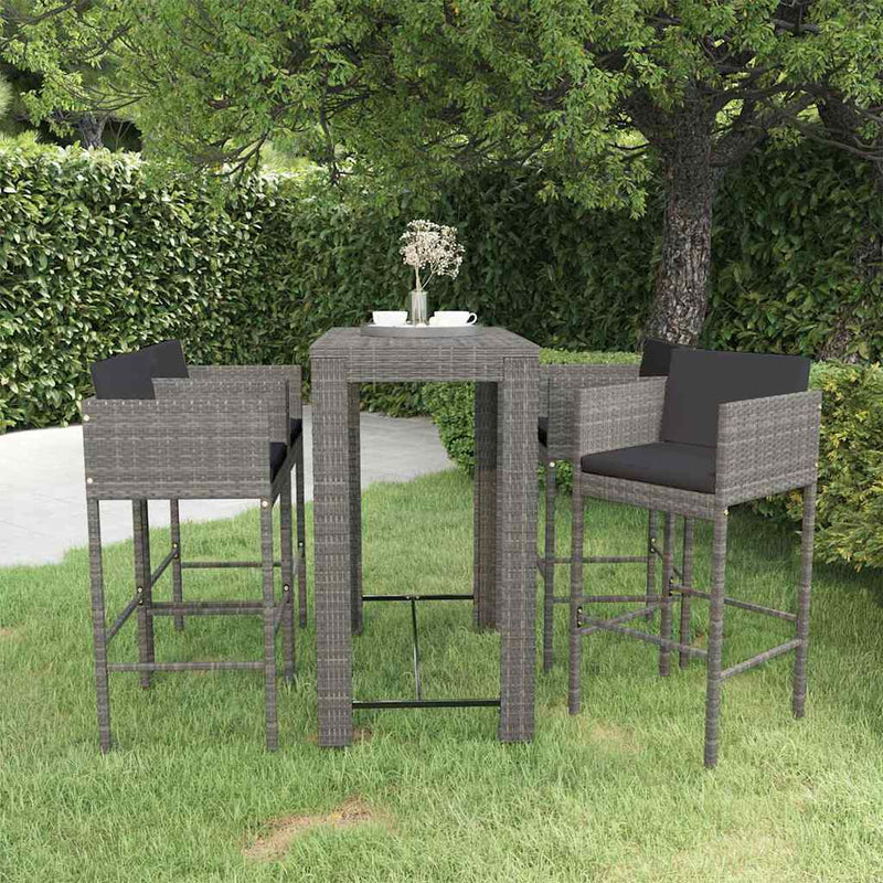 Set mobilier bar de grădină cu perne, 5 piese, gri, poliratan