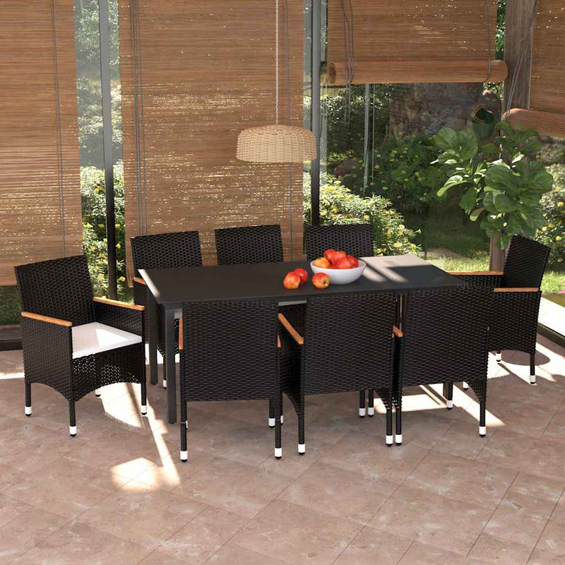 Set mobilier de grădină cu perne, 9 piese, negru, poliratan