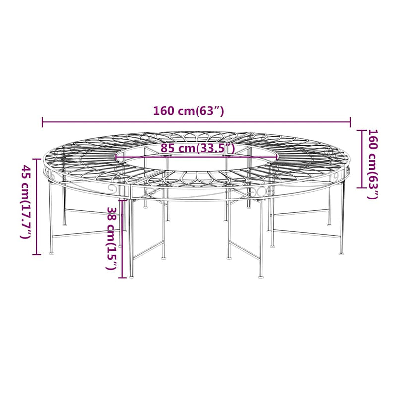 Bancă circulară de copac, negru, Ø160 cm, oțel