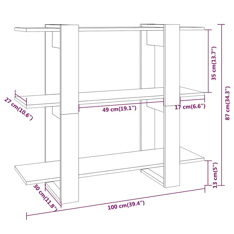 Bibliotecă/Separator cameră, alb extralucios, 100x30x87 cm