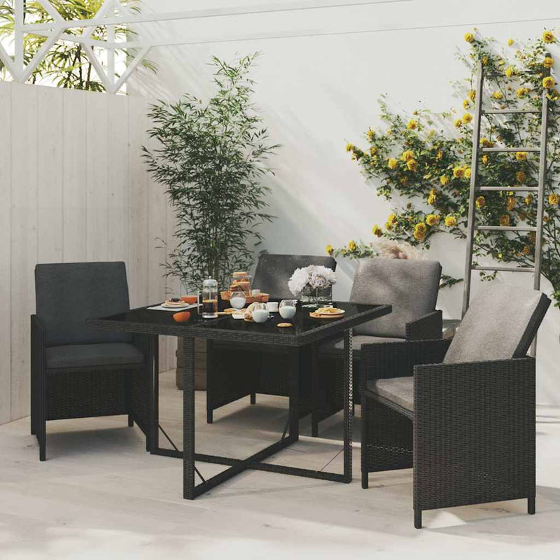 Set de masă pentru grădină cu perne, 5 piese, negru, poliratan
