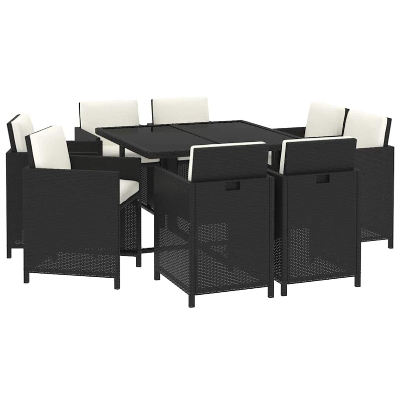 Set mobilier de grădină cu perne, 9 piese, negru, poliratan